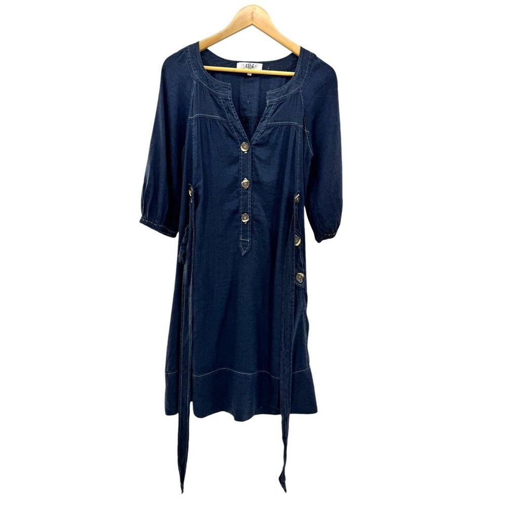 Tibi Blue Linen Blend 3/4 Sleeve Midi Dress Buttons Belt Size 2 Lagenlook Career